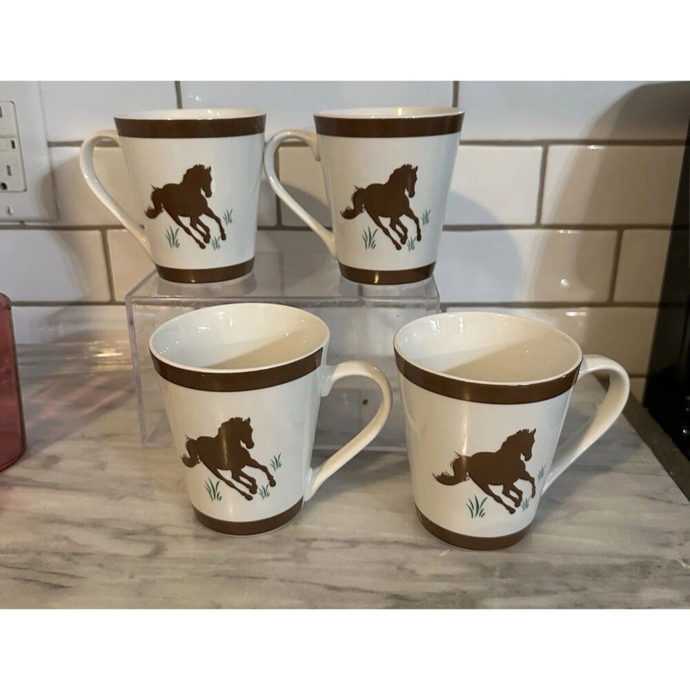 vintage JAYCEE Horse WESTERN Running Wild Set Of 4 HORSE Coffee Tea Mugs Cowboy